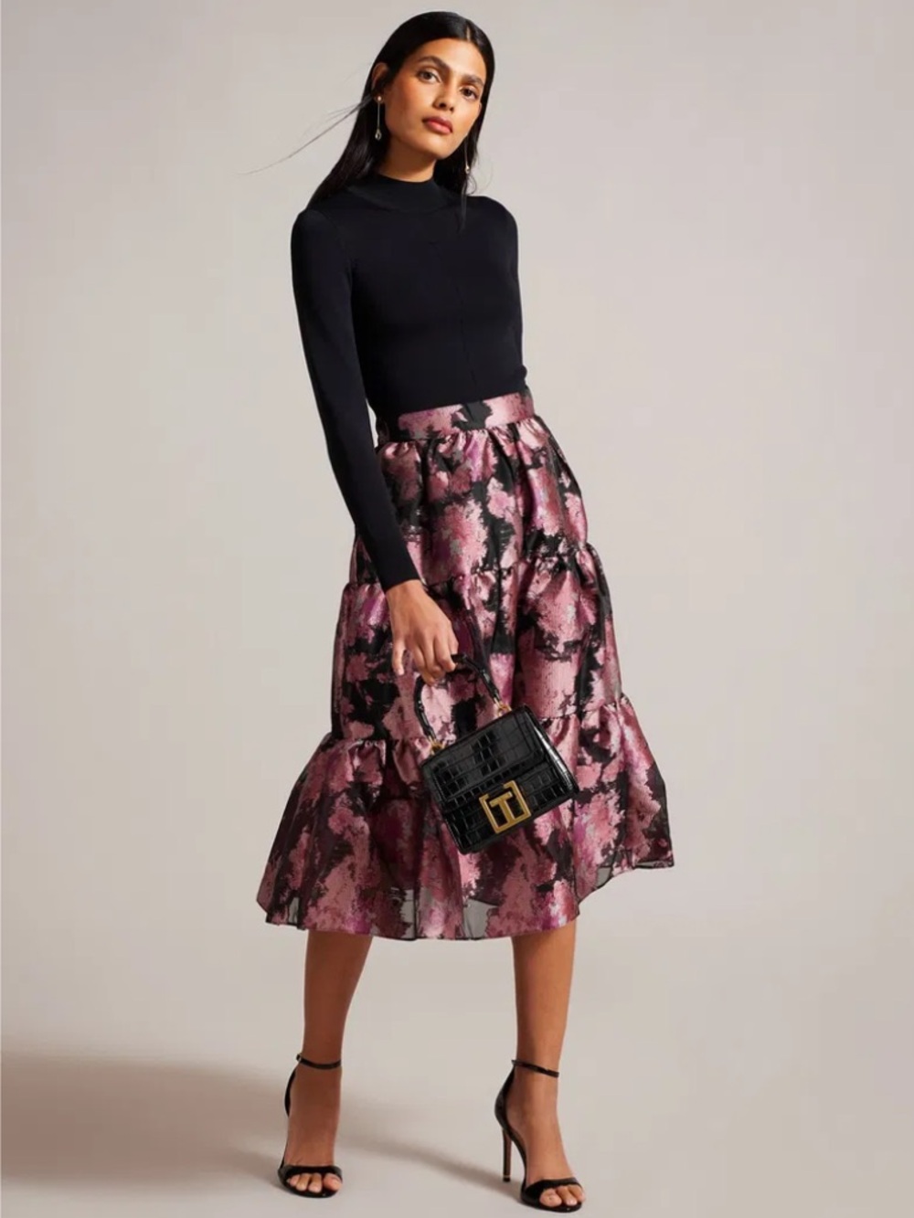 TED BAKER Sz 4 Kasymae Jaquard Knit Midi Tiered Dress LONG SLEEVE BLACK/PINK